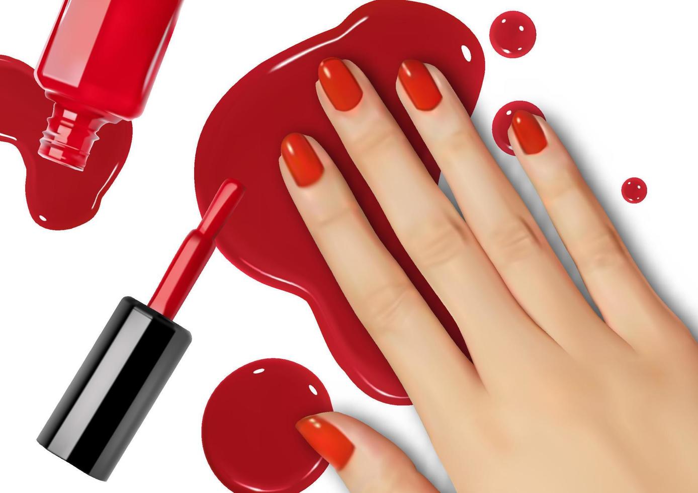 mano sobre esmalte de uñas rojo derramado sobre un fondo blanco. manchas y goteos de pintura dañados. uñas rojas brillantes derramadas y goteando. vector