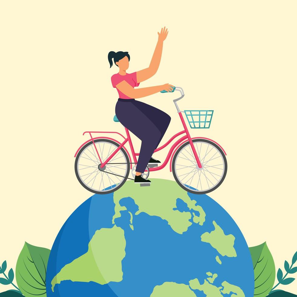 Young girl use bicycle for around world. World  bicycle day. Colored flat graphic vector illustration isolated.