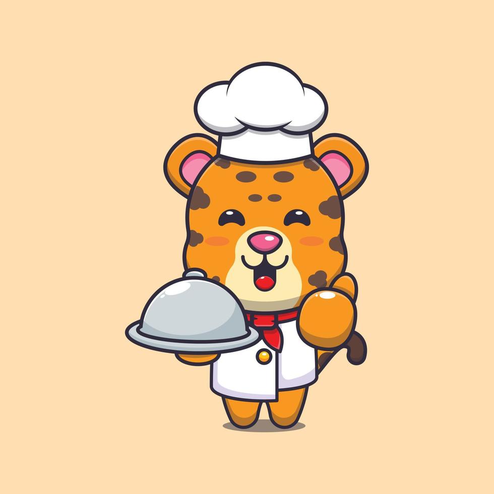 lindo personaje de dibujos animados de la mascota del chef leopardo con plato vector