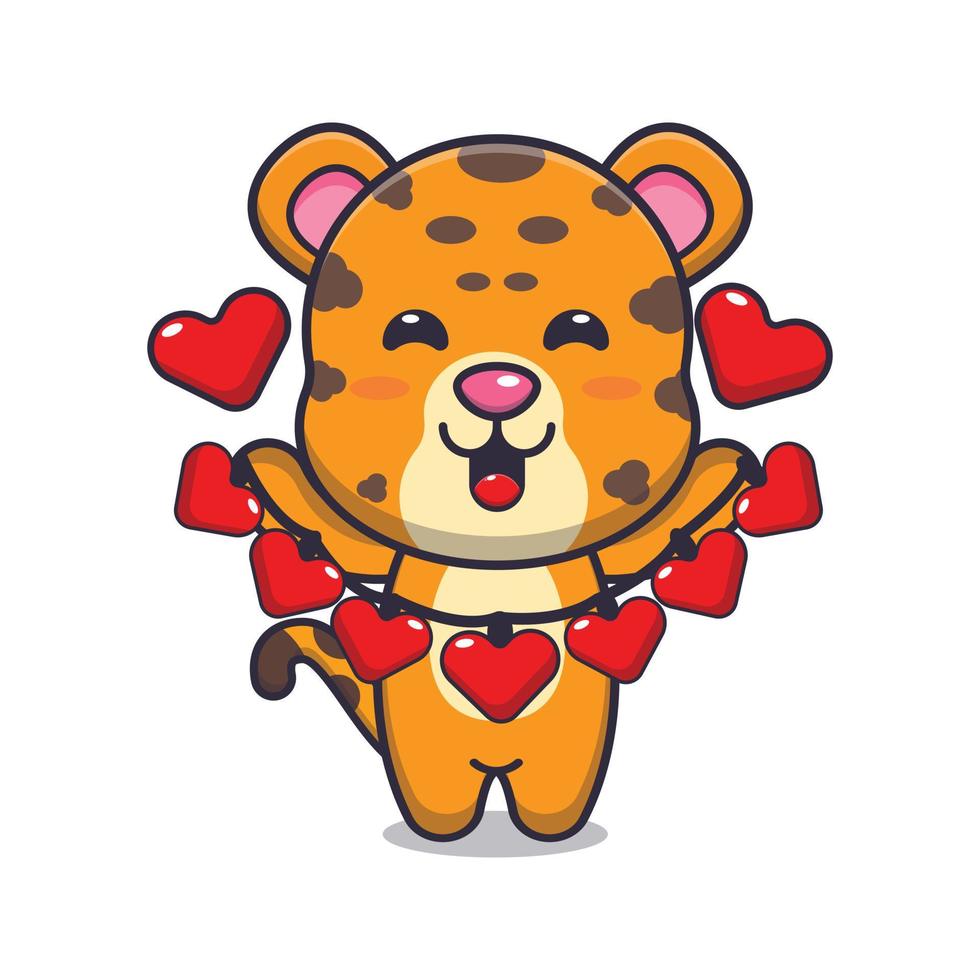 lindo personaje de dibujos animados de leopardo con decoración de amor vector