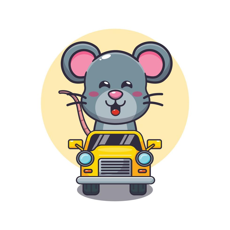 lindo ratón mascota personaje de dibujos animados paseo en coche vector