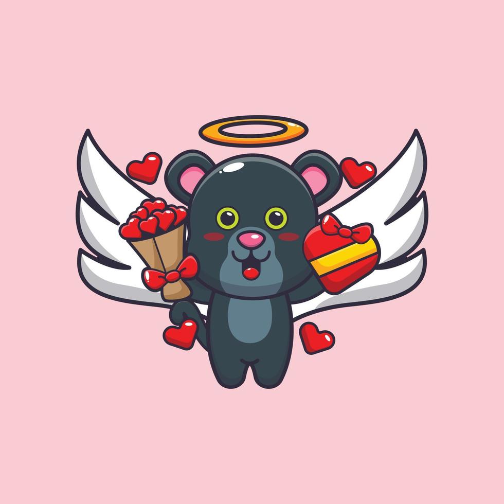 lindo personaje de dibujos animados pantera cupido con regalo de amor y ramo de amor vector