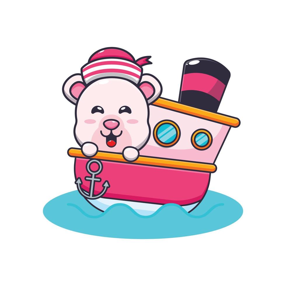 cute polar bear mascot cartoon character on the ship vector