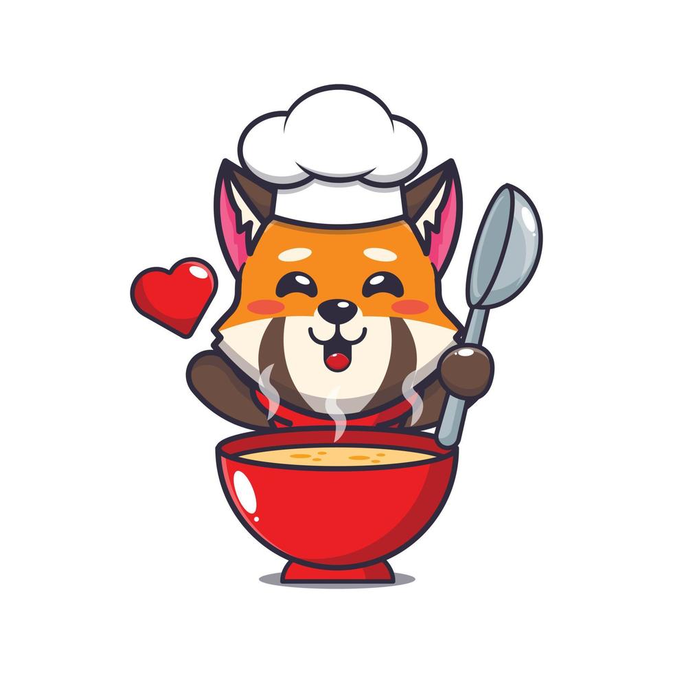 lindo personaje de dibujos animados de la mascota del chef panda rojo con sopa vector