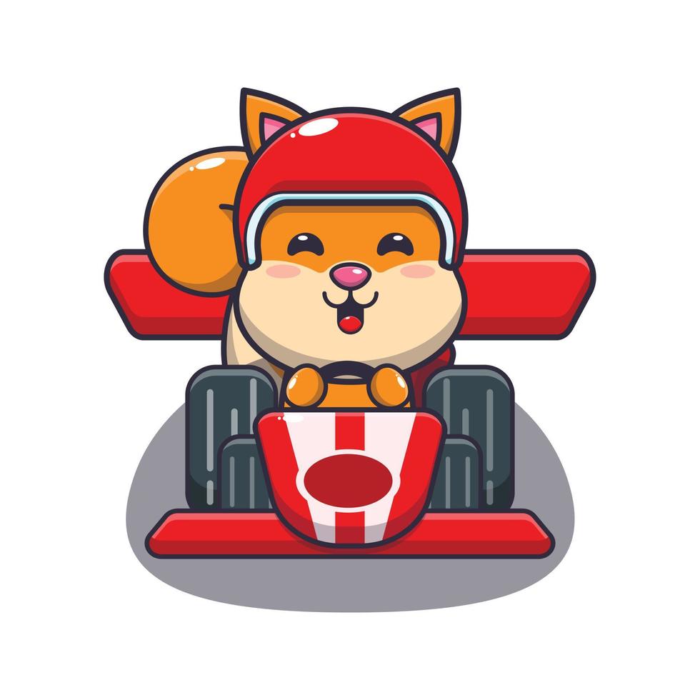 lindo personaje de dibujos animados de la mascota de la ardilla montando un coche de carreras vector