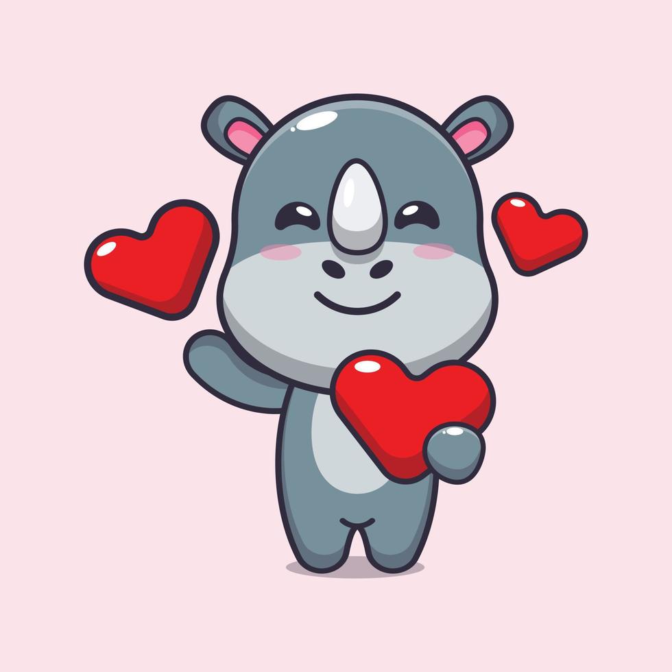 lindo personaje de dibujos animados de rinoceronte con corazón de amor en el día de san valentín vector