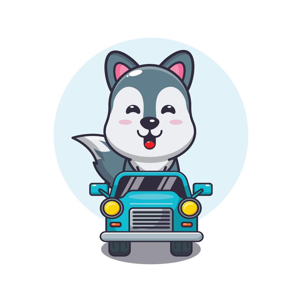 lindo lobo mascota personaje de dibujos animados paseo en coche vector