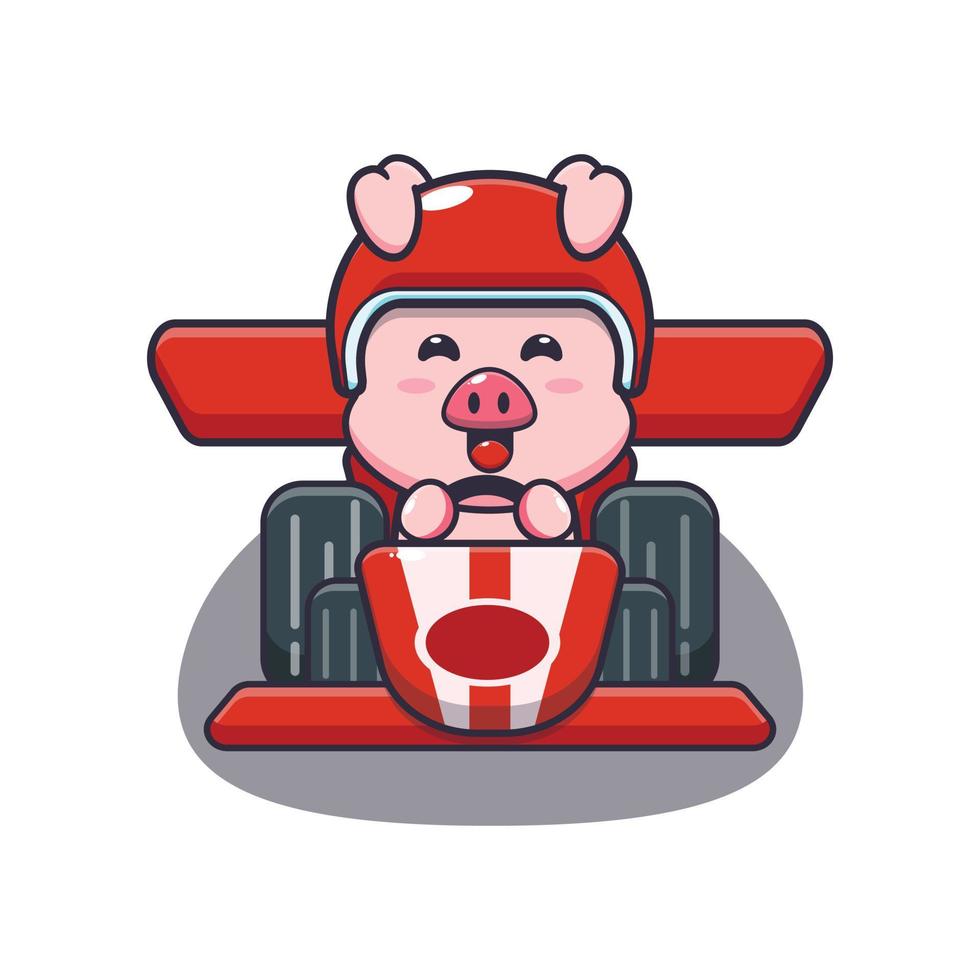 lindo personaje de dibujos animados de mascota de cerdo montando coche de carreras vector