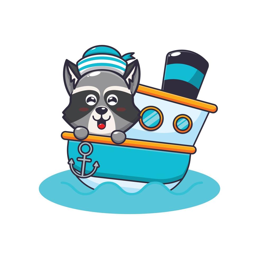 lindo personaje de dibujos animados de la mascota del mapache en el barco vector