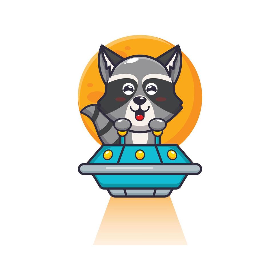 cute raccoon mascot cartoon character fly with ufo vector