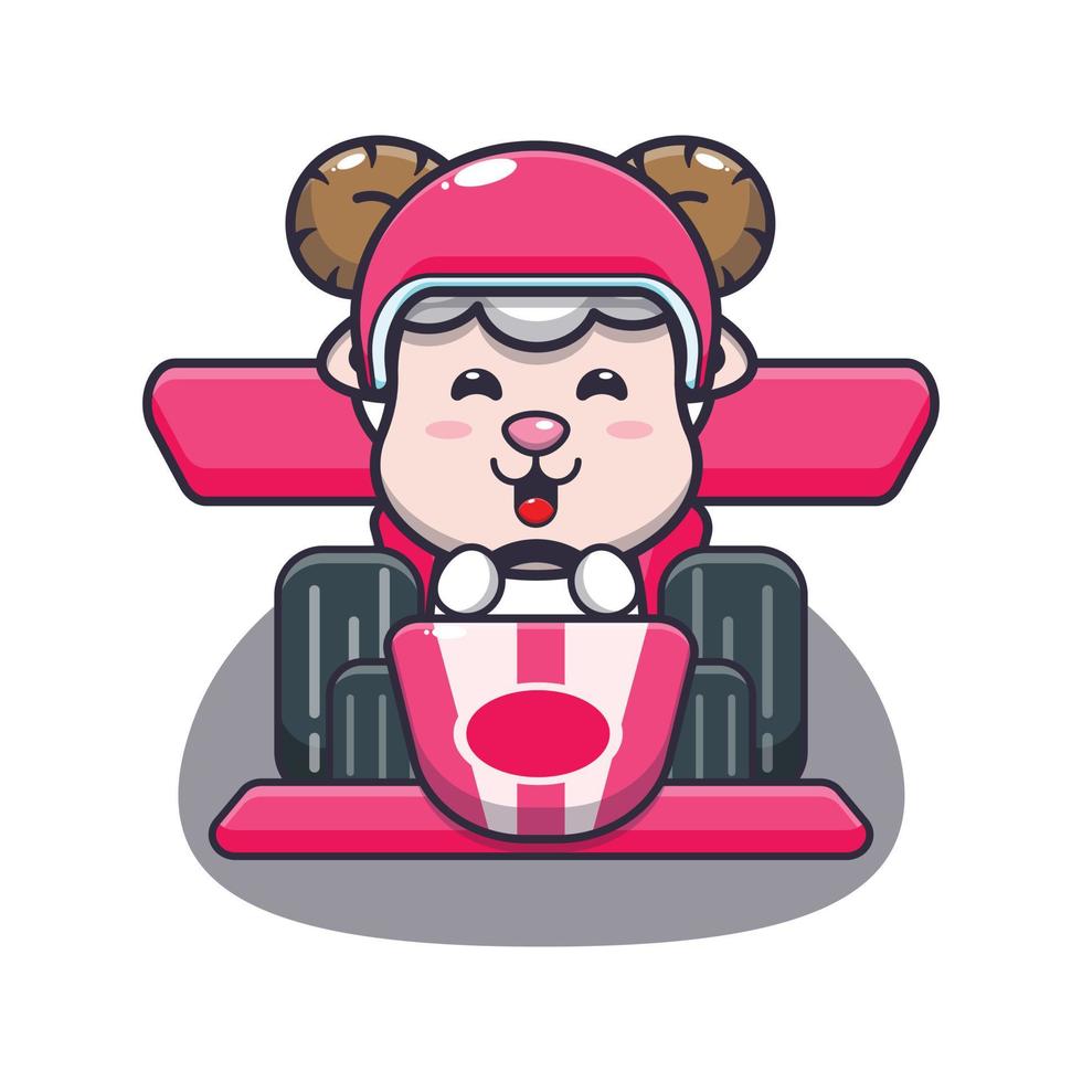 cute sheep mascot cartoon character riding race car vector