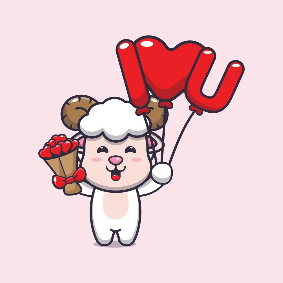 cute sheep cartoon character holding love balloon and love flowers vector