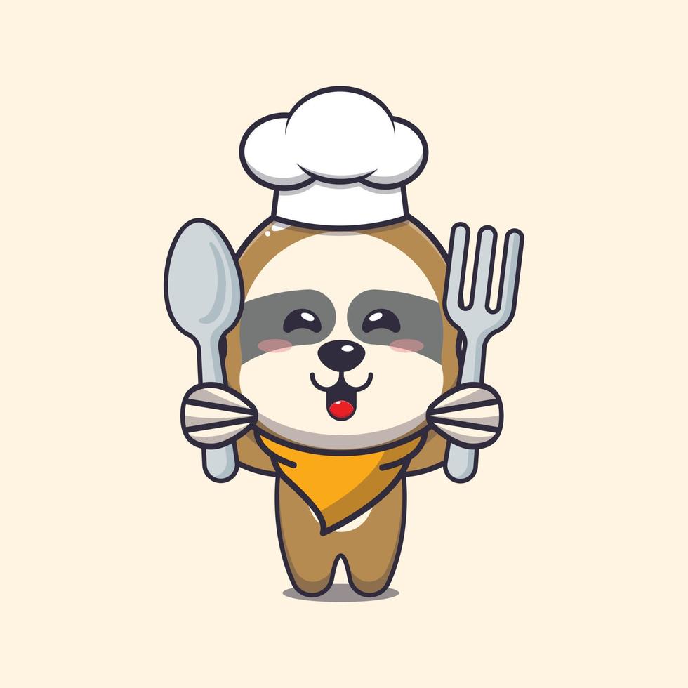 lindo personaje de dibujos animados de la mascota del chef perezoso con cuchara y tenedor vector