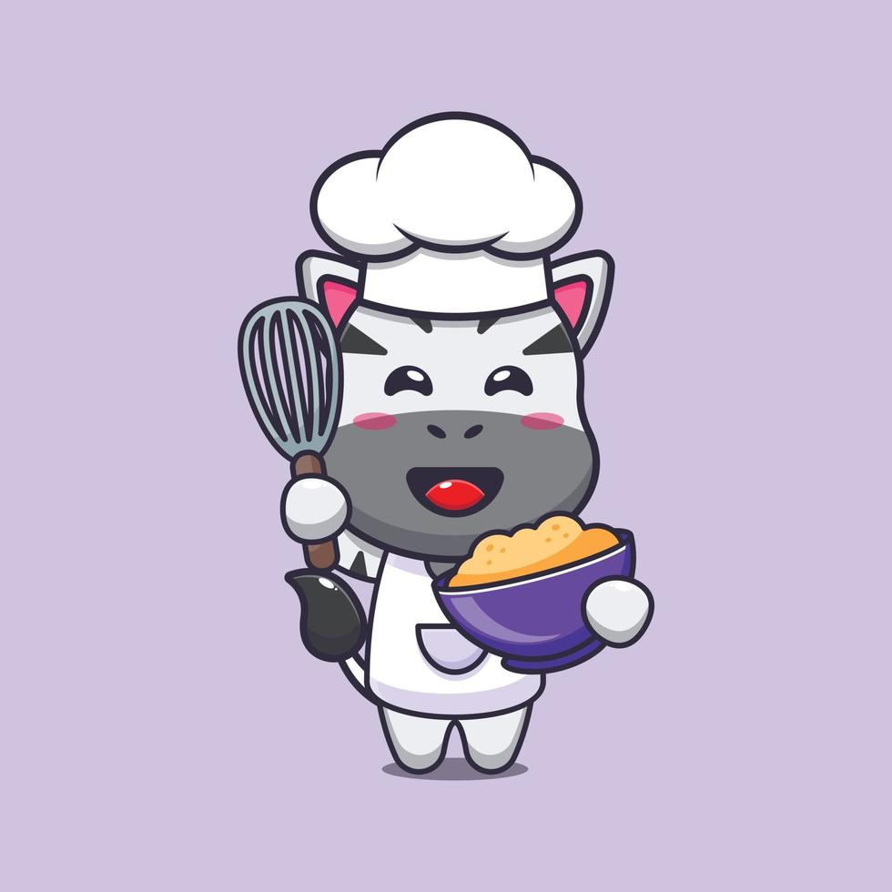 lindo personaje de dibujos animados de la mascota del chef cebra con masa para pasteles vector