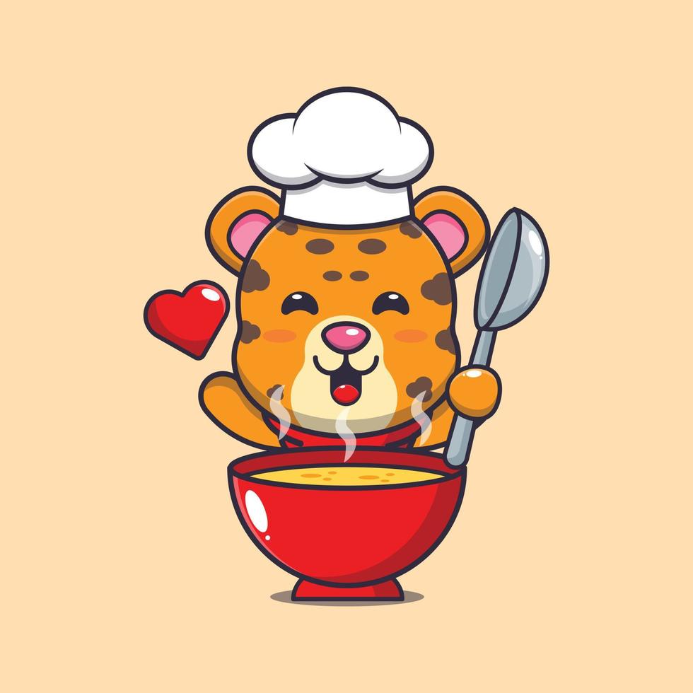 cute leopard chef mascot cartoon character with soup vector