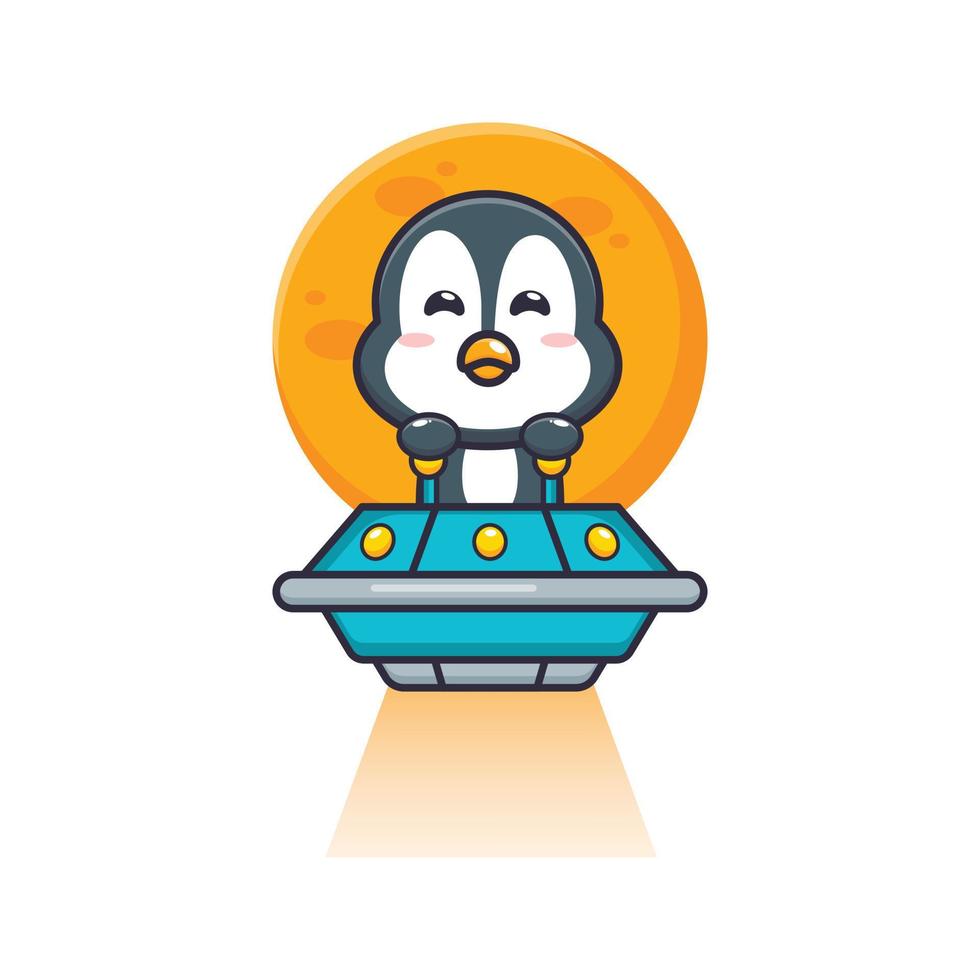 lindo pingüino mascota personaje de dibujos animados volar con ovni vector