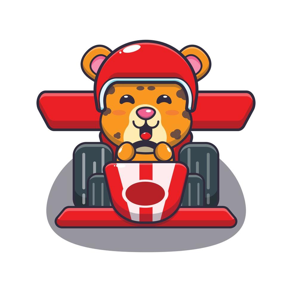 cute leopard mascot cartoon character riding race car vector