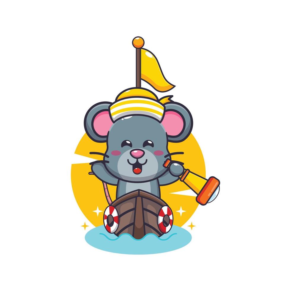 cute mouse mascot cartoon character on the boat vector