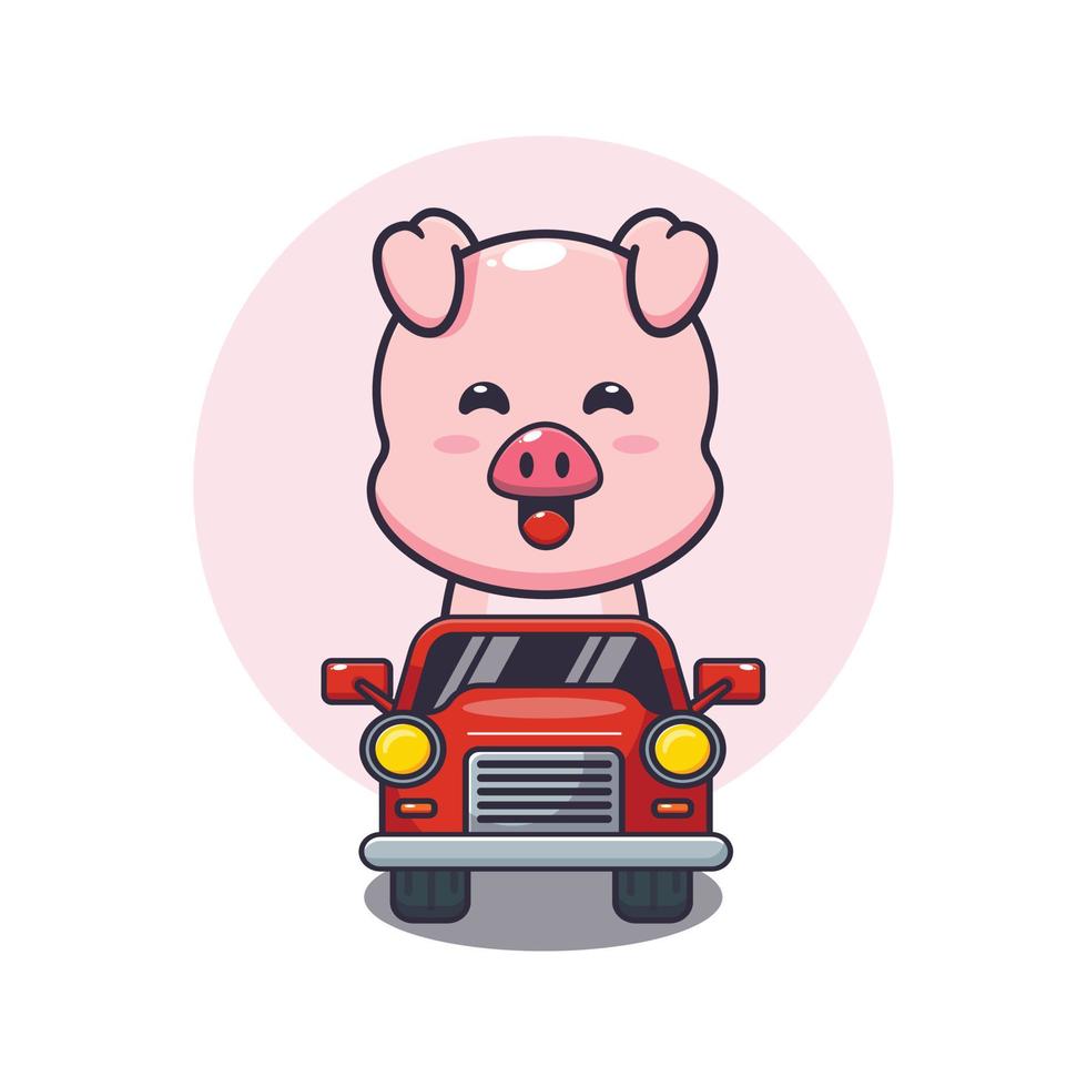 Lindo personaje de dibujos animados de mascota de cerdo paseo en coche vector