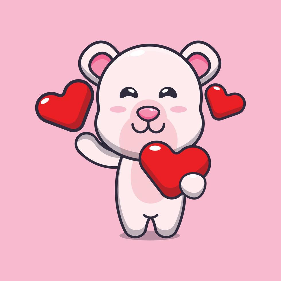 lindo personaje de dibujos animados de oso polar con corazón de amor en el día de san valentín vector