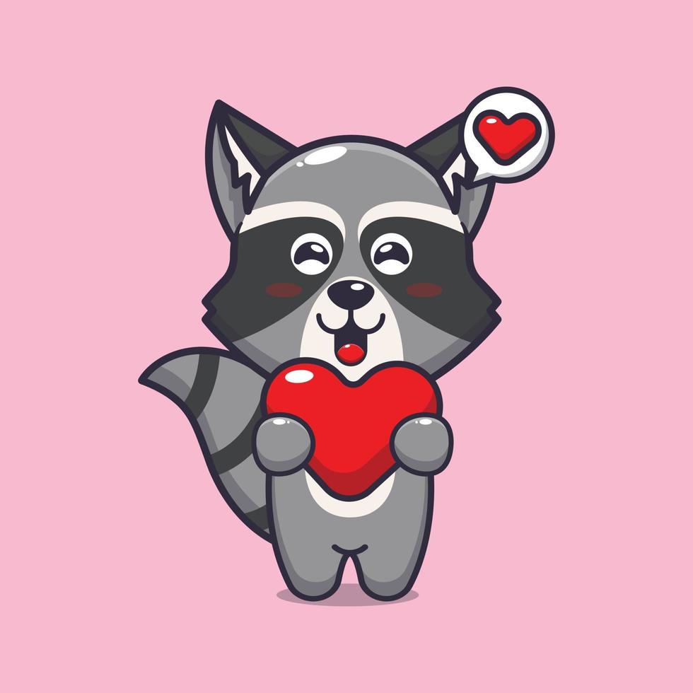 lindo personaje de dibujos animados de mapache con corazón de amor vector