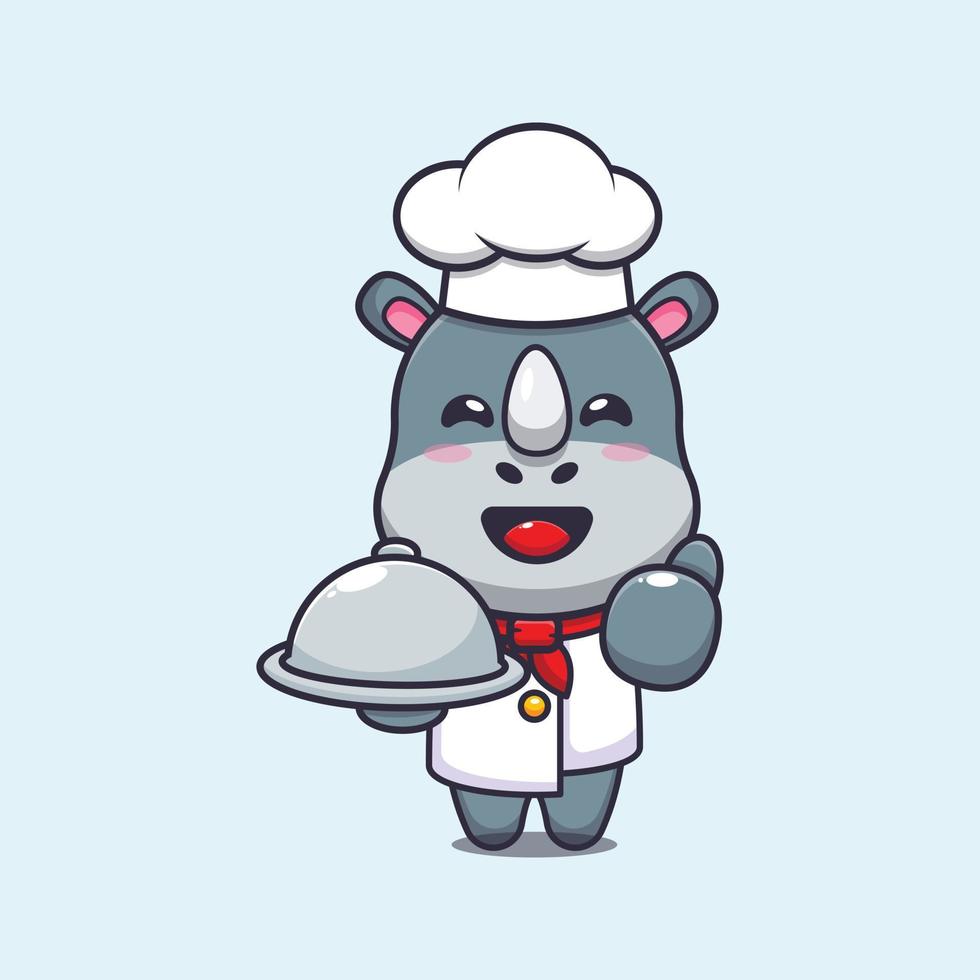 lindo personaje de dibujos animados de mascota de chef de rinoceronte con plato vector