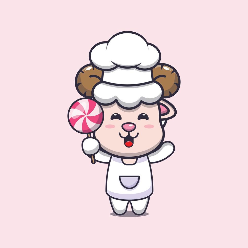 linda oveja chef mascota personaje de dibujos animados con dulces vector