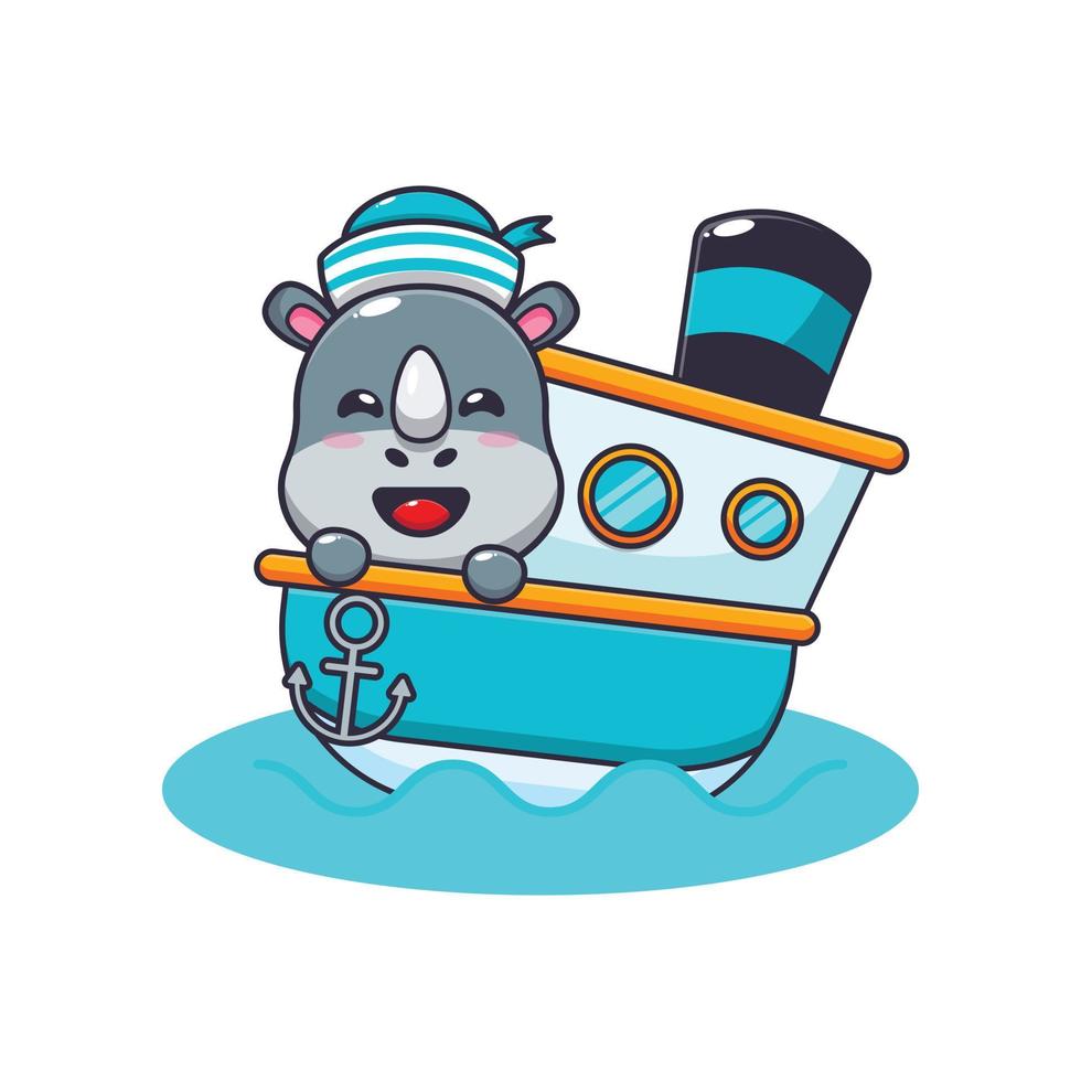 lindo personaje de dibujos animados de la mascota del rinoceronte en el barco vector