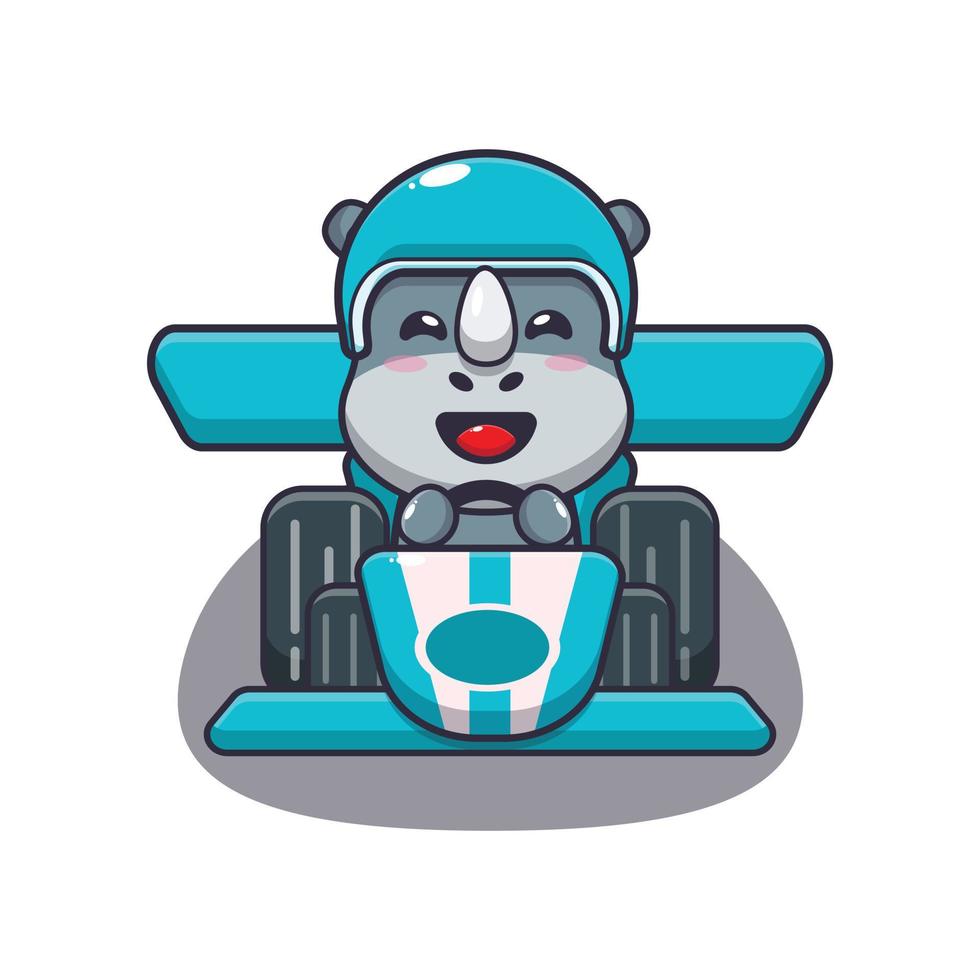 lindo personaje de dibujos animados de la mascota del rinoceronte montando un coche de carreras vector