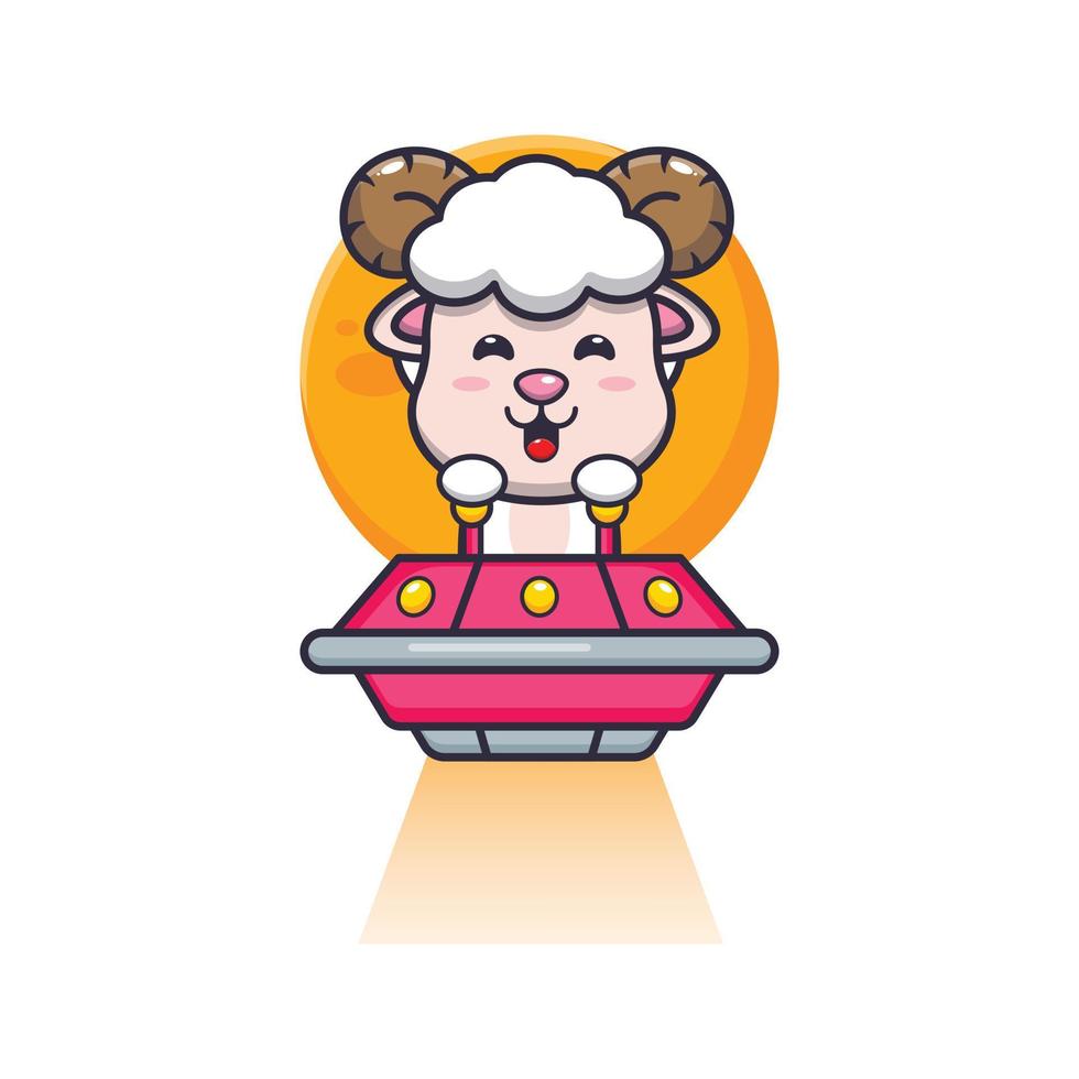 cute sheep mascot cartoon character fly with ufo vector