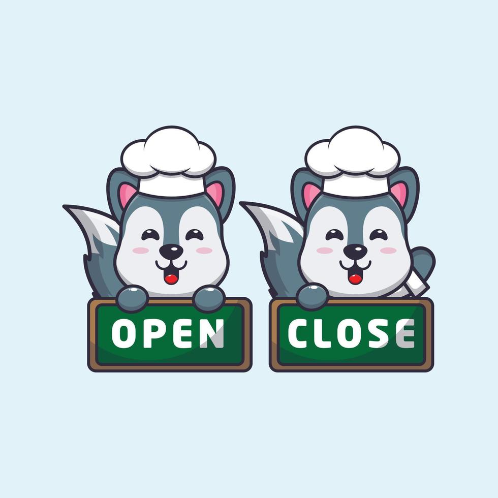 cute wolf chef mascot cartoon character with open and close board vector