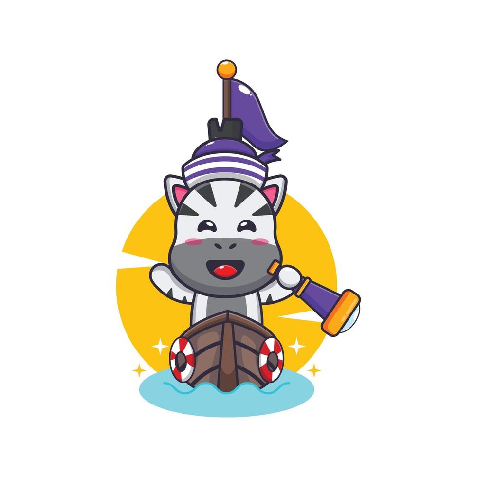 Princute zebra mascot cartoon character on the boatt vector