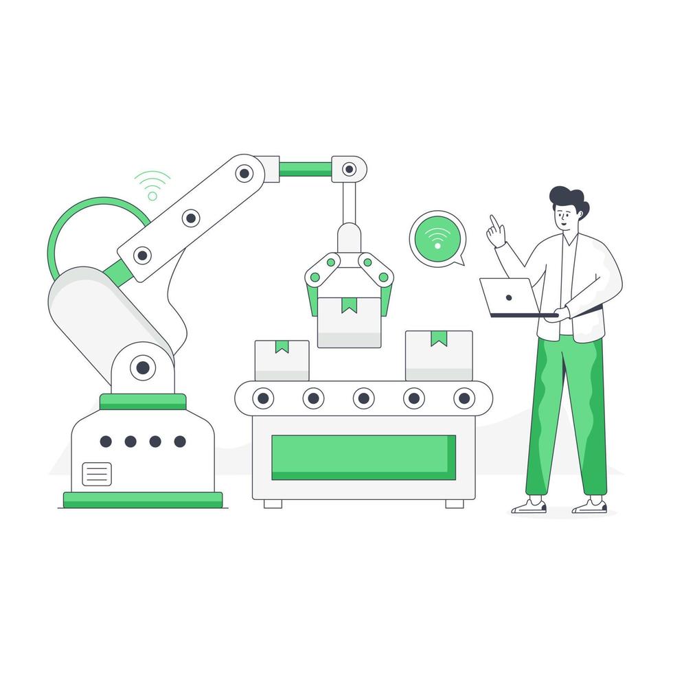 Robot packaging, flat illustration of industry automation vector