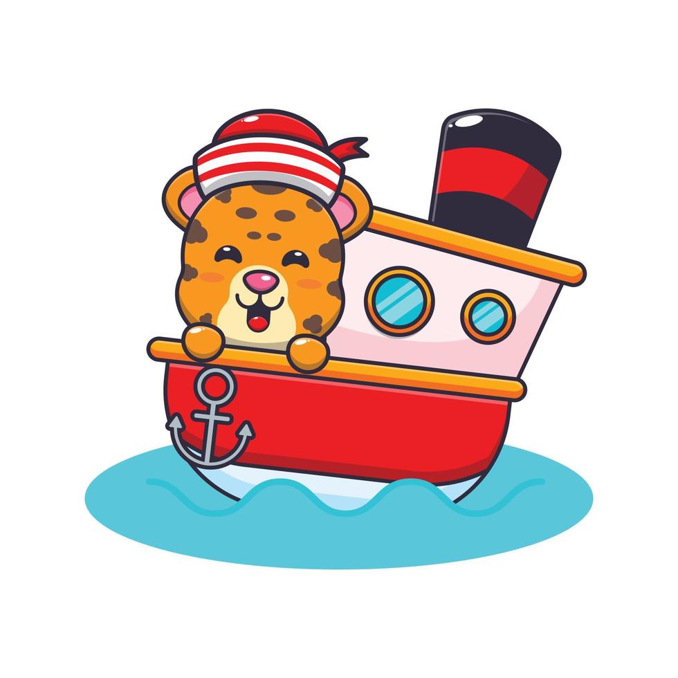 cute leopard mascot cartoon character on the ship vector