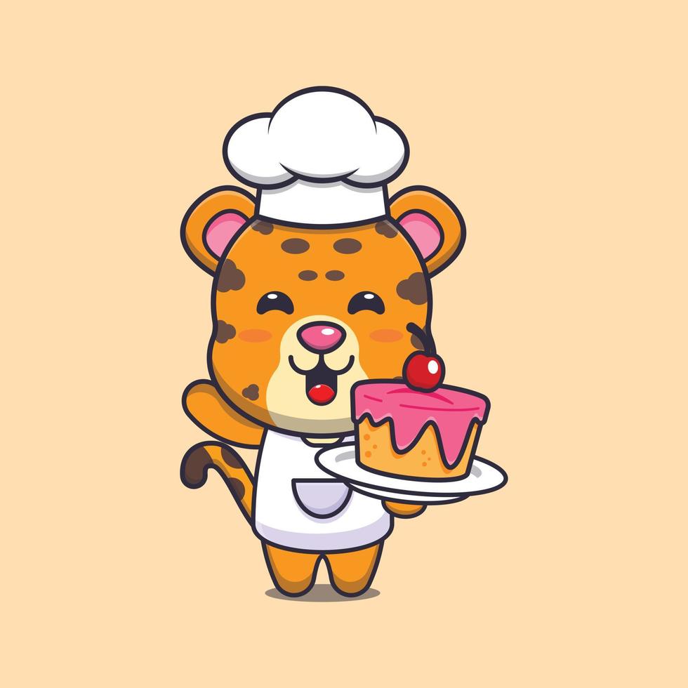 lindo personaje de dibujos animados de la mascota del chef leopardo con pastel vector