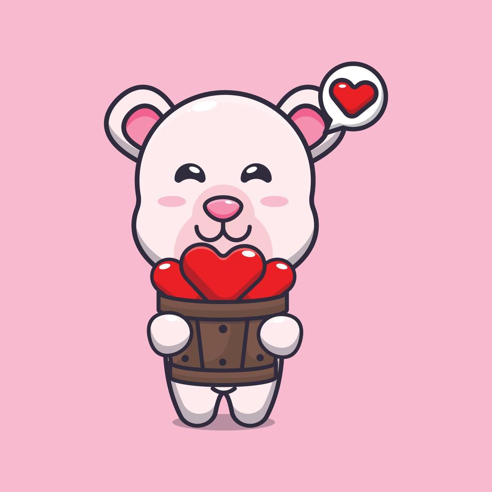 cute polar bear cartoon character holding love in wood bucket vector