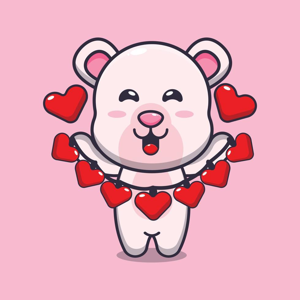 lindo personaje de dibujos animados de oso polar con decoración de amor vector