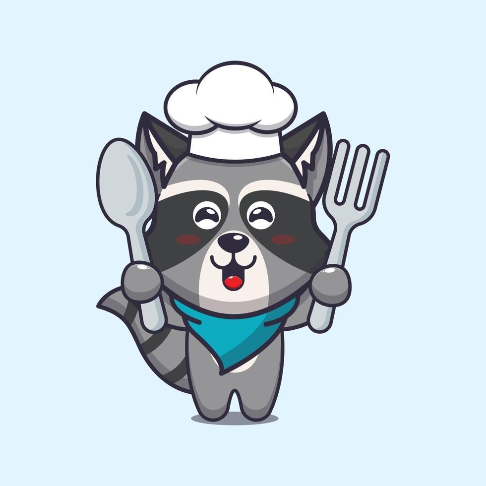 lindo mapache chef mascota personaje de dibujos animados con cuchara y tenedor vector