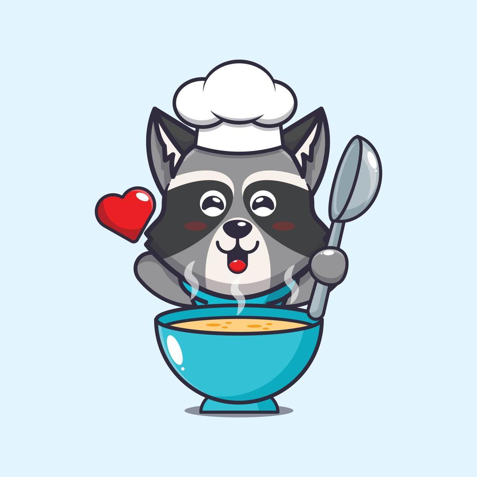 lindo personaje de dibujos animados de la mascota del chef mapache con sopa vector