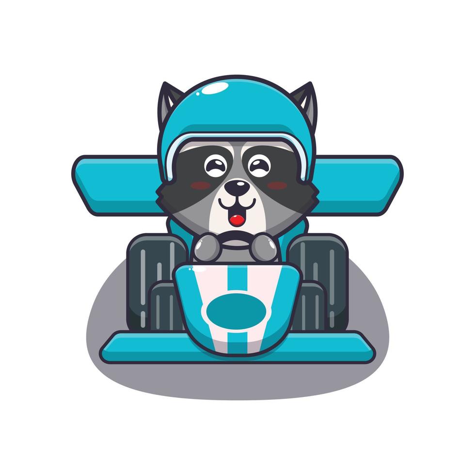 lindo mapache mascota personaje de dibujos animados montando coche de carreras vector