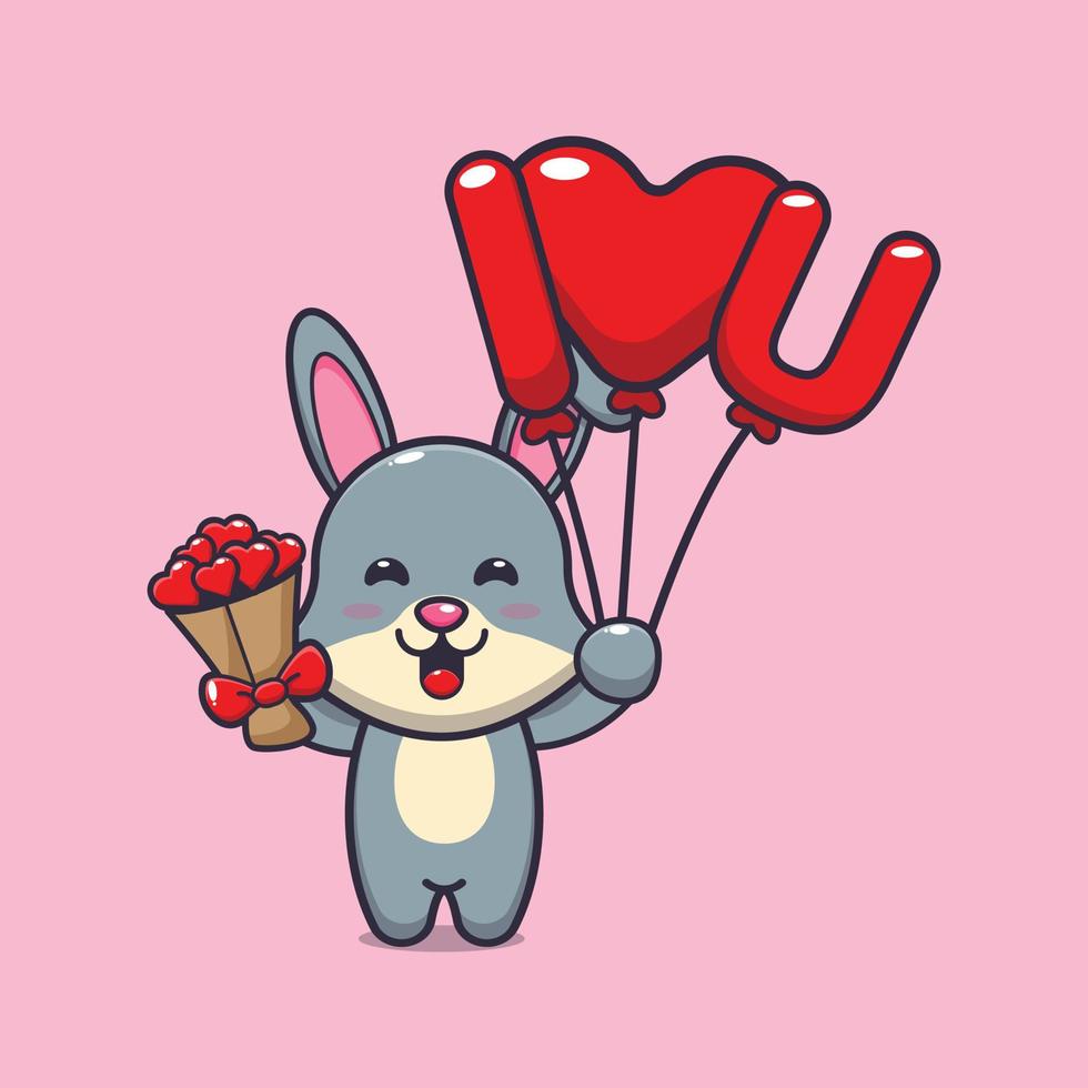 lindo personaje de dibujos animados de conejo con globo de amor y flores de amor vector