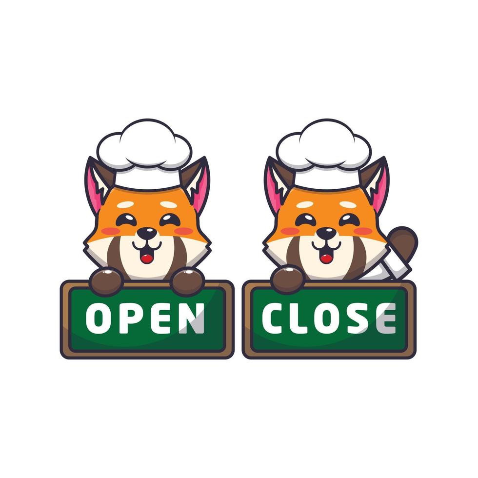 cute red panda chef mascot cartoon character with open and close board vector