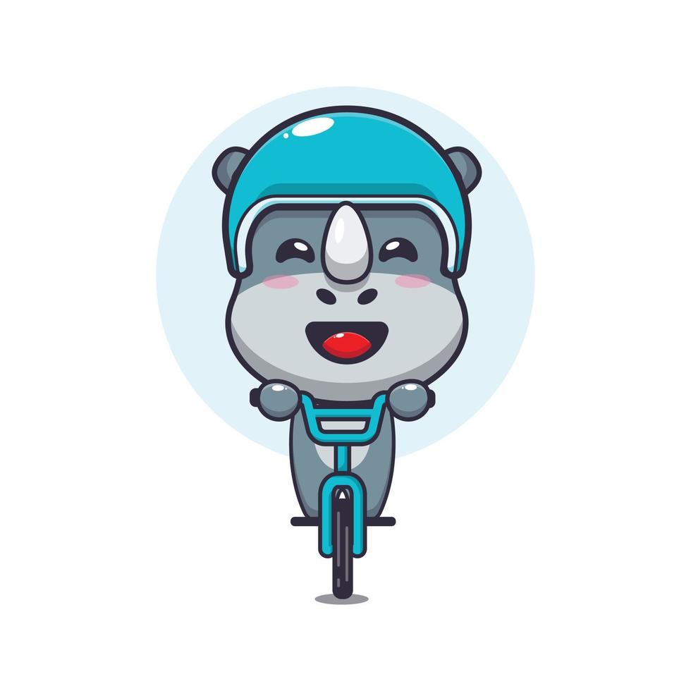 lindo personaje de dibujos animados de la mascota del rinoceronte paseo en bicicleta vector
