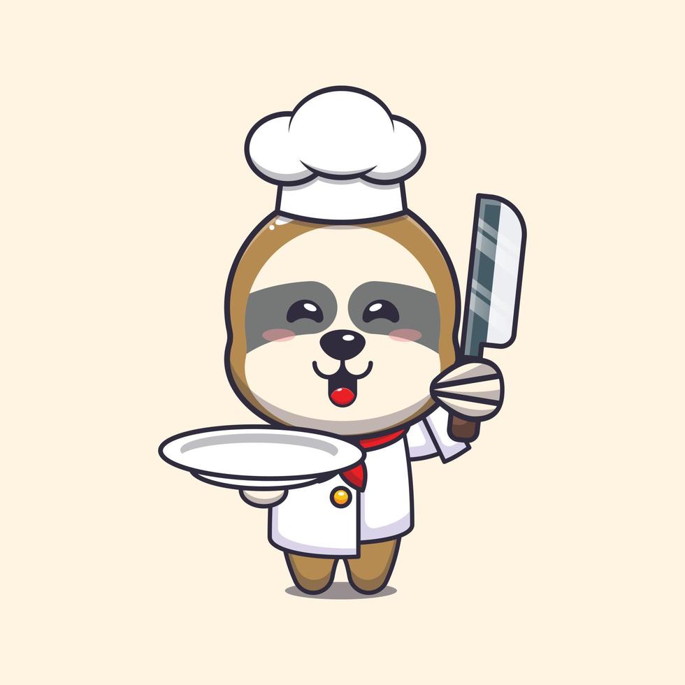 lindo personaje de dibujos animados de la mascota del chef perezoso con cuchillo y plato vector