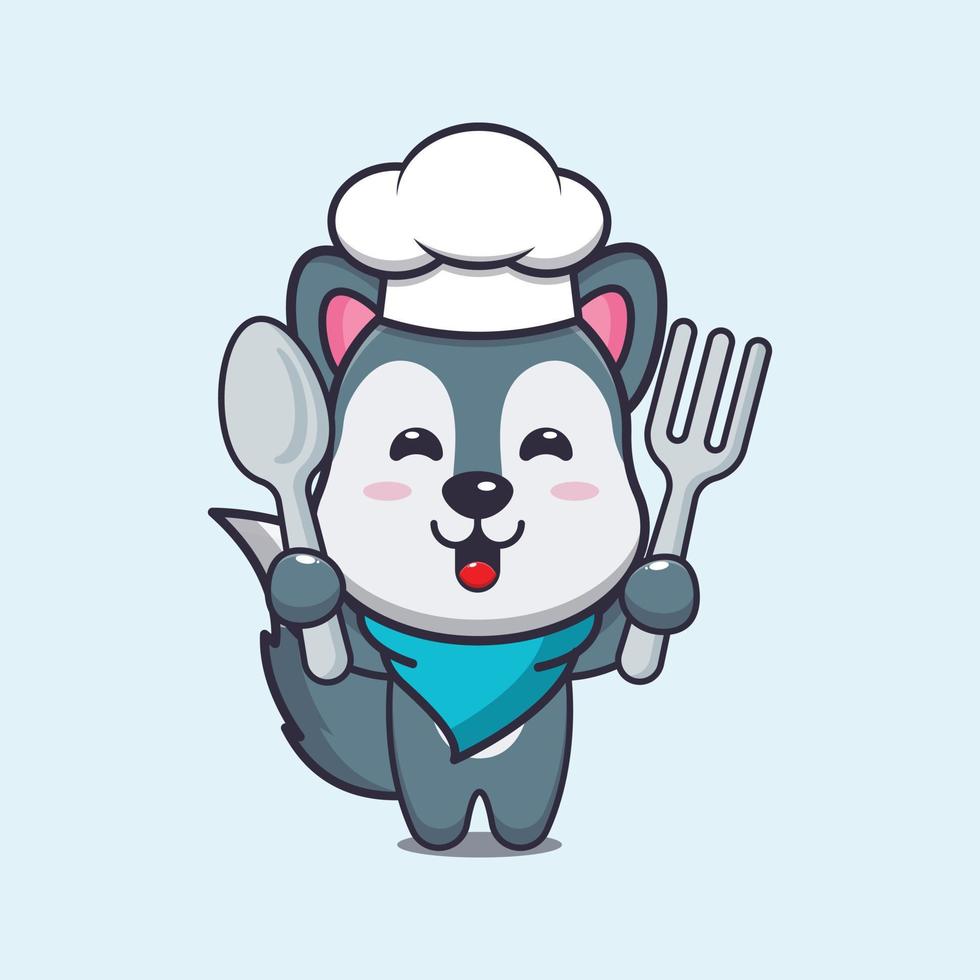 cute wolf chef mascot cartoon character holding spoon and fork vector