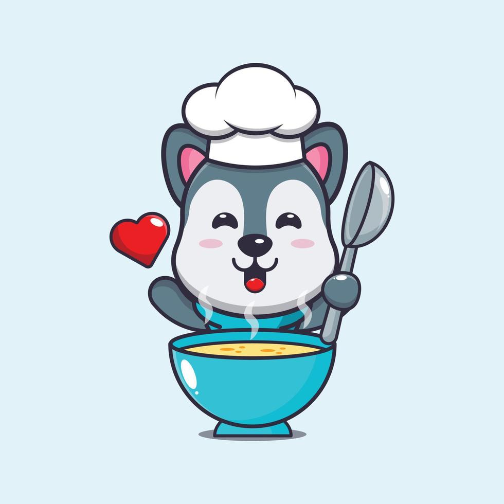 lindo personaje de dibujos animados de la mascota del chef lobo con sopa vector