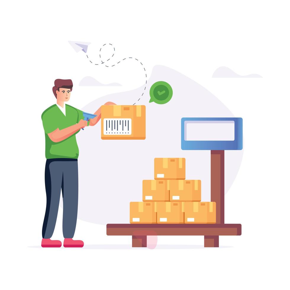 Person checking parcels UPC code, flat illustration vector