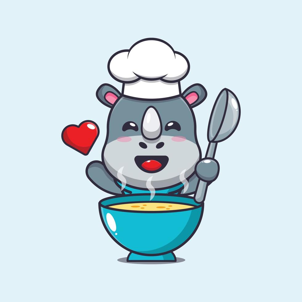 cute rhino chef mascot cartoon character with soup vector