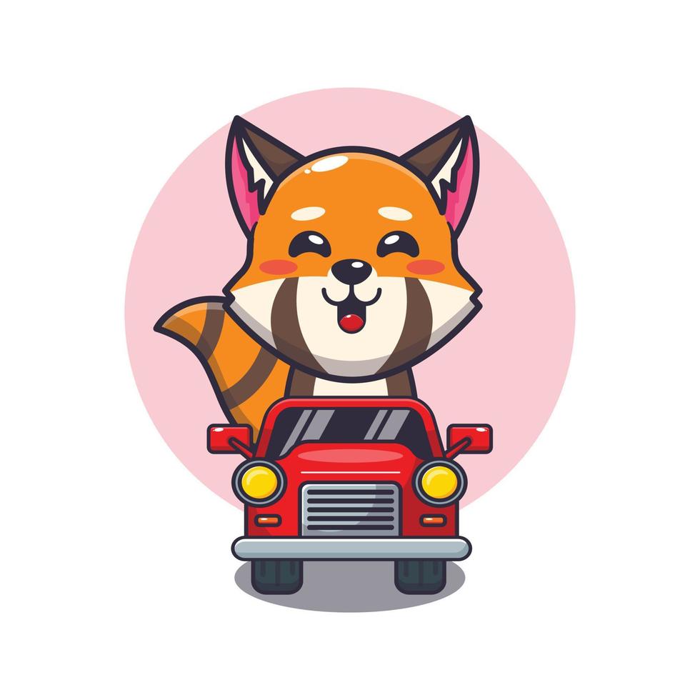 lindo panda rojo mascota personaje de dibujos animados paseo en coche vector