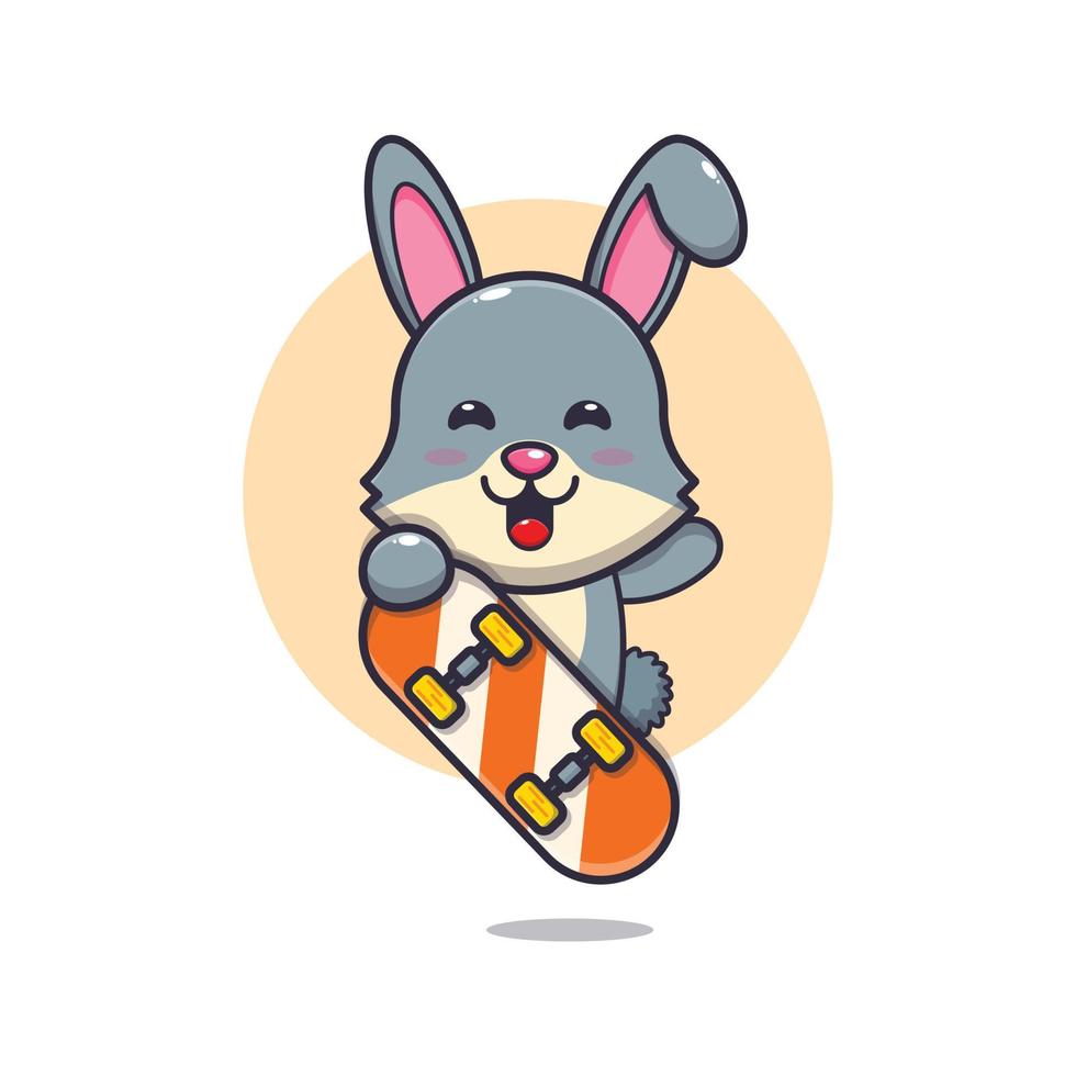 lindo personaje de dibujos animados de mascota de conejo con monopatín vector